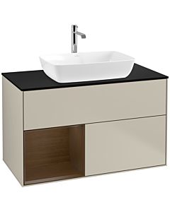 Villeroy und Boch Finion Waschtischunterschrank F772GNHH 100cm, Abdeckplatte black matt, Regale Walnut Veneer, Sand Matt Lacquer