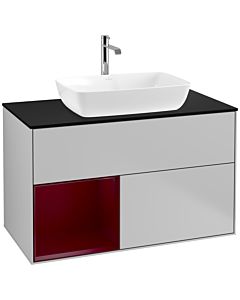 Villeroy und Boch Finion Waschtischunterschrank F772HBGJ 100cm, Abdeckplatte black matt, Regale Peony matt lacquer, Light grey matt