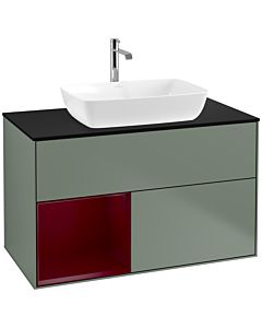 Villeroy und Boch Finion Waschtischunterschrank F772HBGM 100cm, Abdeckplatte black matt, Regale Peony matt lacquer, Olive Matt Lacquer