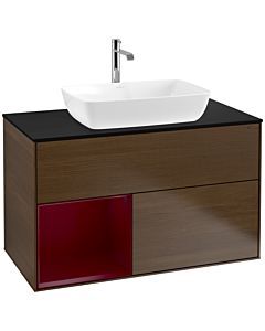 Villeroy und Boch Finion Waschtischunterschrank F772HBGN 100cm, Abdeckplatte black matt, Regale Peony matt lacquer, Walnut veneer
