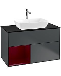 Villeroy und Boch Finion Waschtischunterschrank F772HBHG 100cm, Abdeckplatte black matt, Regale Peony matt lacquer, Midnight Blue Matt Lacquer