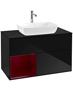 Villeroy und Boch Finion Waschtischunterschrank F772HBPH 100cm, Abdeckplatte black matt, Regale Peony matt lacquer, Glossy Black Lacquer