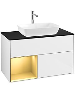 Villeroy und Boch Finion Villeroy und Boch F772HFGF 100cm, plaque de finition noir mat, étagères laqué or mat, laqué blanc brillant