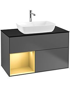 Villeroy und Boch Finion Waschtischunterschrank F772HFGK 100cm, Abdeckplatte black matt, Regale Gold matt lacquer, Anthracite matt
