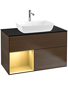Villeroy und Boch Finion Waschtischunterschrank F772HFGN 100cm, Abdeckplatte black matt, Regale Gold matt lacquer, Walnut veneer