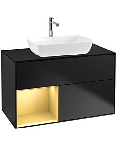 Villeroy und Boch Finion Waschtischunterschrank F772HFPD 100cm, Abdeckplatte black matt, Regale Gold matt lacquer, Black matt lacquer