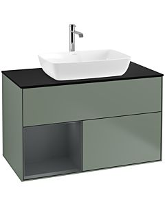 Villeroy und Boch Finion Waschtischunterschrank F772HGGM 100cm, Abdeckplatte black matt, Regale Midnight matt lacquer, Olive Matt Lacquer