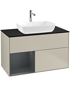Villeroy und Boch Finion Waschtischunterschrank F772HGHH 100cm, Abdeckplatte black matt, Regale Midnight matt lacquer, Sand Matt Lacquer