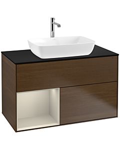 Villeroy und Boch Finion Waschtischunterschrank F772HHGN 100cm, Abdeckplatte black matt, Regale sand matt lacquer, Walnut veneer