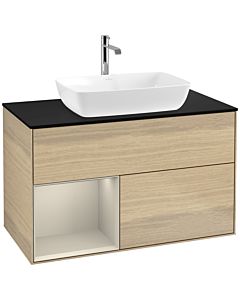 Villeroy und Boch Finion Waschtischunterschrank F772HHPC 100cm, Abdeckplatte black matt, Regale sand matt lacquer, Oak Veneer