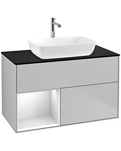 Villeroy und Boch Finion Waschtischunterschrank F772MTGJ 100cm, Abdeckplatte black matt, Regale White matt lacquer, Light grey matt
