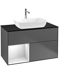 Villeroy und Boch Finion Waschtischunterschrank F772MTGK 100cm, Abdeckplatte black matt, Regale White matt lacquer, Anthracite matt