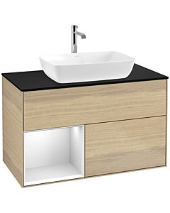 Villeroy und Boch Finion Waschtischunterschrank F772MTPC 100cm, Abdeckplatte black matt, Regale White matt lacquer, Oak Veneer