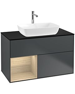 Villeroy und Boch Finion Waschtischunterschrank F772PCHG 100cm, Abdeckplatte black matt, Regale Oak Veneer, Midnight Blue Matt Lacquer