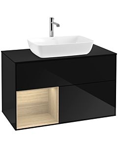 Villeroy und Boch Finion Waschtischunterschrank F772PCPH 100cm, Abdeckplatte black matt, Regale Oak Veneer, Glossy Black Lacquer