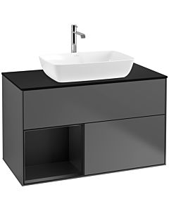 Villeroy und Boch Finion Waschtischunterschrank F772PDGK 100cm, Abdeckplatte black matt, Regale Black matt lacquer, Anthracite matt