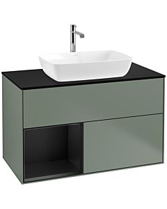 Villeroy und Boch Finion Waschtischunterschrank F772PDGM 100cm, Abdeckplatte black matt, Regale Black matt lacquer, Olive Matt Lacquer