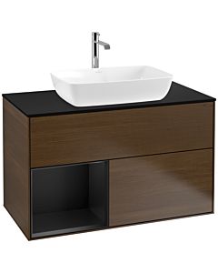 Villeroy und Boch Finion Waschtischunterschrank F772PDGN 100cm, Abdeckplatte black matt, Regale Black matt lacquer, Walnut veneer