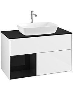 Villeroy und Boch Finion Waschtischunterschrank F772PHGF 100cm, Abdeckplatte black matt, Regale Glossy black lacquer, Glossy white lacquer