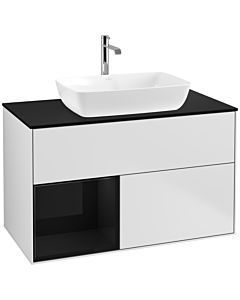 Villeroy und Boch Finion Waschtischunterschrank F772PHMT 100cm, Abdeckplatte black matt, Regale Glossy black lacquer, White matt lacquer