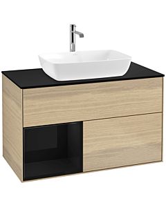 Villeroy und Boch Finion Waschtischunterschrank F772PHPC 100cm, Abdeckplatte black matt, Regale Glossy black lacquer, Oak Veneer