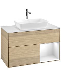 Villeroy und Boch Finion Villeroy und Boch F781GFPC 100cm, plaque de finition blanc mat, étagères laqué blanc brillant, Oak Veneer