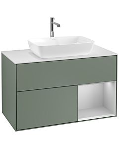 Villeroy und Boch Finion Villeroy und Boch F781GJGM 100cm, plaque de finition blanc mat, étagères laqué gris clair mat, Olive Matt Lacquer