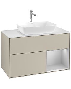 Villeroy und Boch Finion Waschtischunterschrank F781GJHH 100cm, Abdeckplatte white matt, Regale Light grey matt lacquer, Sand Matt Lacquer