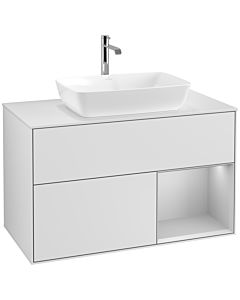 Villeroy und Boch Finion Waschtischunterschrank F781GJMT 100cm, Abdeckplatte white matt, Regale Light grey matt lacquer, White matt lacquer