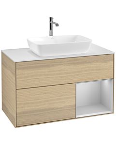 Villeroy und Boch Finion Waschtischunterschrank F781GJPC 100cm, Abdeckplatte white matt, Regale Light grey matt lacquer, Oak Veneer