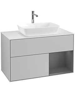 Villeroy und Boch Finion Waschtischunterschrank F781GKGJ 100cm, Abdeckplatte white matt, Regale Anthracite matt lacquer, Light grey matt