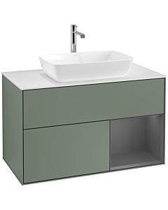 Villeroy und Boch Finion Waschtischunterschrank F781GKGM 100cm, Abdeckplatte white matt, Regale Anthracite matt lacquer, Olive Matt Lacquer