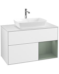 Villeroy und Boch Finion Waschtischunterschrank F781GMGF 100cm, Abdeckplatte white matt, Regale Olive matt lacquer, Glossy white lacquer