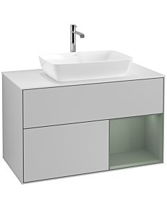 Villeroy und Boch Finion Villeroy und Boch F781GMGJ 100cm, plaque de recouvrement blanc mat, étagères laqué olive mat, gris clair mat