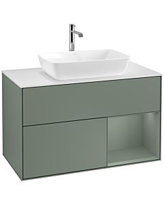 Villeroy und Boch Finion Waschtischunterschrank F781GMGM 100cm, Abdeckplatte white matt, Regale Olive matt lacquer, Olive Matt Lacquer