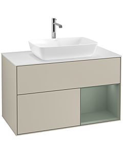 Villeroy und Boch Finion Villeroy und Boch F781GMHH 100cm, plaque de finition blanc mat, étagères laqué mat olive, Sand Matt Lacquer