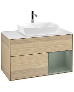 Villeroy und Boch Finion Villeroy und Boch F781GMPC 100cm, plaque de finition blanc mat, étagères olive laqué mat, Oak Veneer