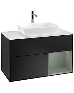 Villeroy und Boch Finion Waschtischunterschrank F781GMPD 100cm, Abdeckplatte white matt, Regale Olive matt lacquer, Black matt lacquer
