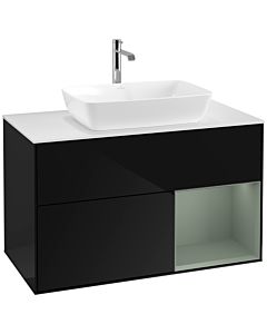 Villeroy und Boch Finion Villeroy und Boch F781GMPH 100cm, plaque de finition blanc mat, étagères olive laqué mat, Glossy Black Lacquer