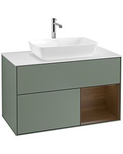 Villeroy und Boch Finion Waschtischunterschrank F781GNGM 100cm, Abdeckplatte white matt, Regale Walnut Veneer, Olive Matt Lacquer