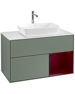 Villeroy und Boch Finion Waschtischunterschrank F781HBGM 100cm, Abdeckplatte white matt, Regale Peony matt lacquer, Olive Matt Lacquer