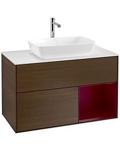 Villeroy und Boch Finion Waschtischunterschrank F781HBGN 100cm, Abdeckplatte white matt, Regale Peony matt lacquer, Walnut veneer