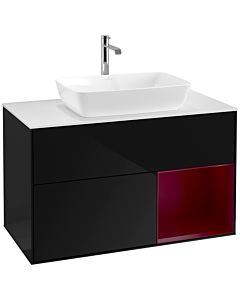 Villeroy und Boch Finion Waschtischunterschrank F781HBPH 100cm, Abdeckplatte white matt, Regale Peony matt lacquer, Glossy Black Lacquer