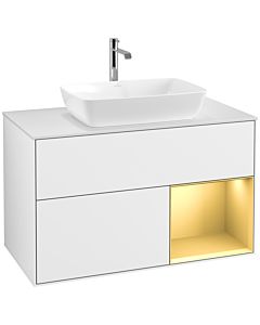 Villeroy und Boch Finion Waschtischunterschrank F781HFGF 100cm, Abdeckplatte white matt, Regale Gold matt lacquer, Glossy white lacquer