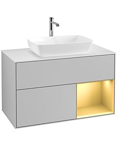 Villeroy und Boch Finion Villeroy und Boch F781HFGJ 100cm, plaque de recouvrement blanc mat, étagères laqué or mat, gris clair mat