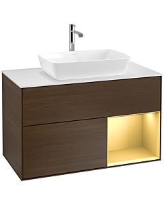 Villeroy und Boch Finion Waschtischunterschrank F781HFGN 100cm, Abdeckplatte white matt, Regale Gold matt lacquer, Walnut veneer