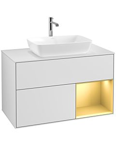 Villeroy und Boch Finion Villeroy und Boch F781HFMT 100cm, plaque de recouvrement blanc mat, étagères laqué mat doré, laqué mat blanc