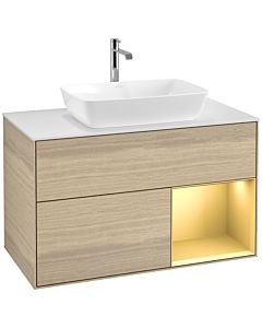 Villeroy und Boch Finion Villeroy und Boch F781HFPC 100cm, plaque de finition blanc mat, étagères laqué or mat, Oak Veneer