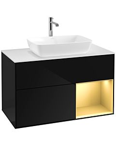 Villeroy und Boch Finion Waschtischunterschrank F781HFPH 100cm, Abdeckplatte white matt, Regale Gold matt lacquer, Glossy Black Lacquer
