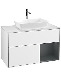 Villeroy und Boch Finion Waschtischunterschrank F781HGGF 100cm, Abdeckplatte white matt, Regale Midnight matt lacquer, Glossy white lacquer